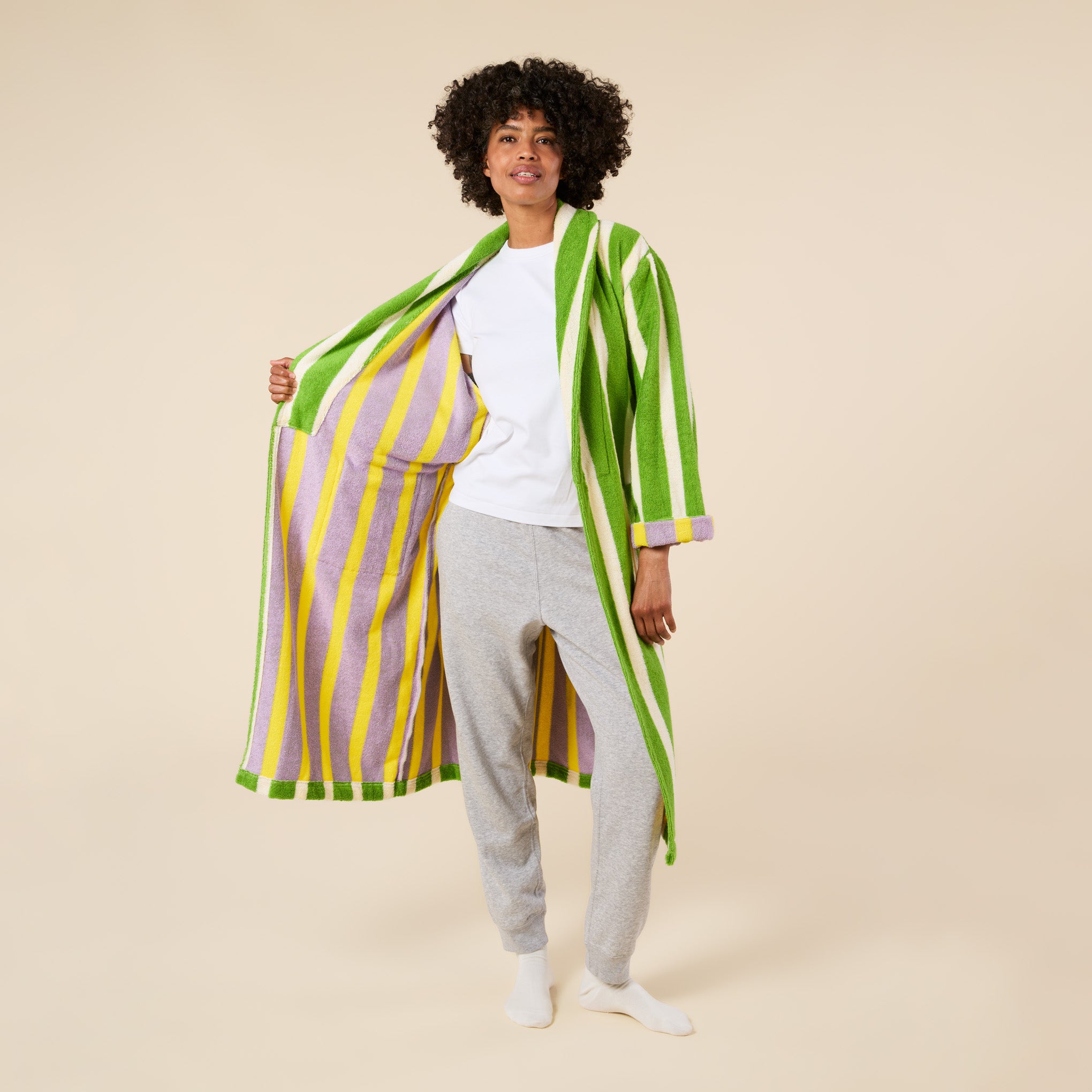 Dusen Dusen Striped Bathrobe - Green/ Lavender - Image 4