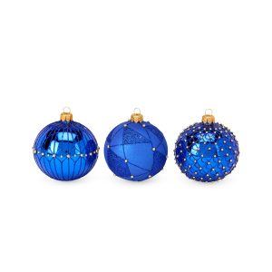 Blue Art Deco Glass Holiday Ornaments - Set of 3