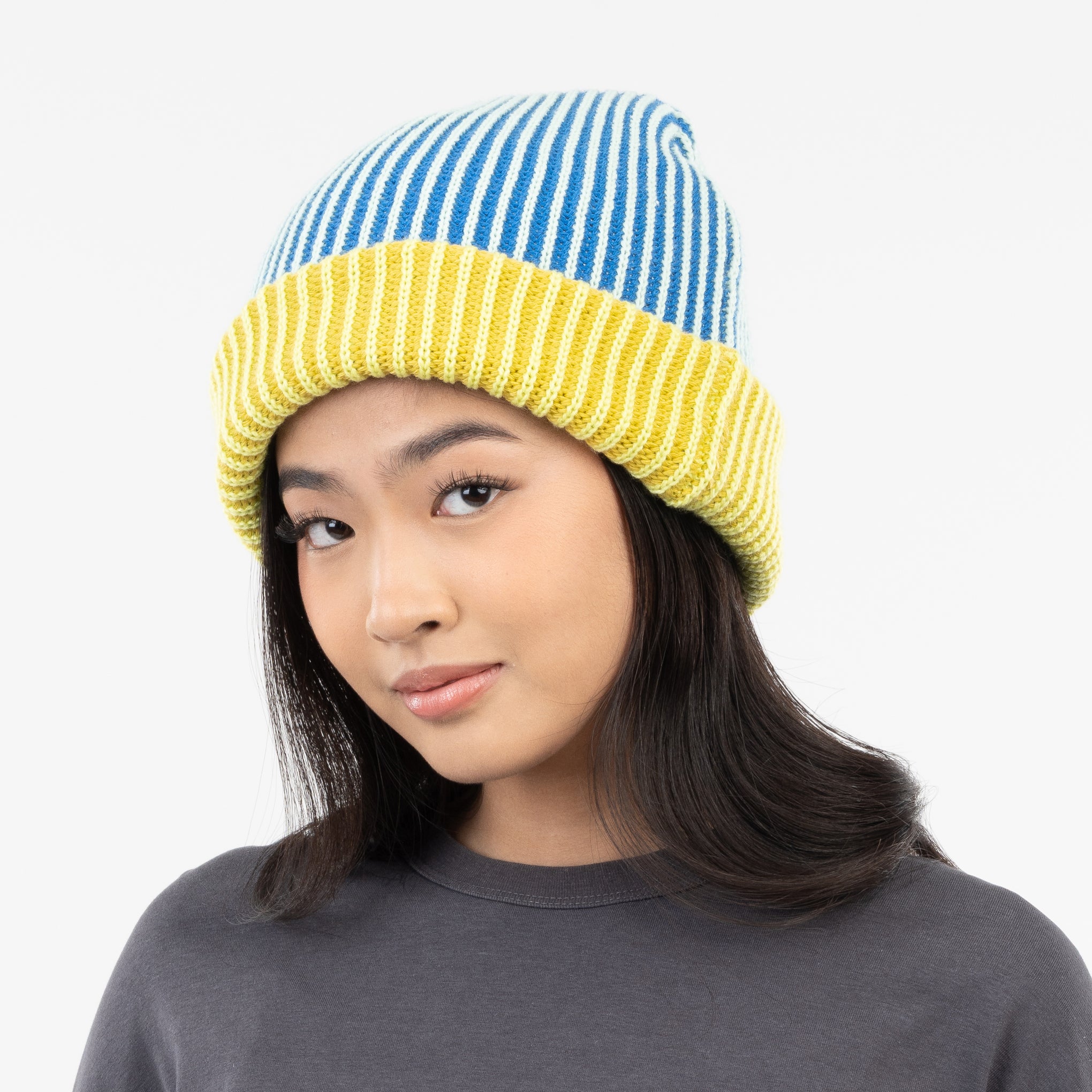Verloop Pinstripe Plush Beanie - Golden Olive Cobalt - Image 2