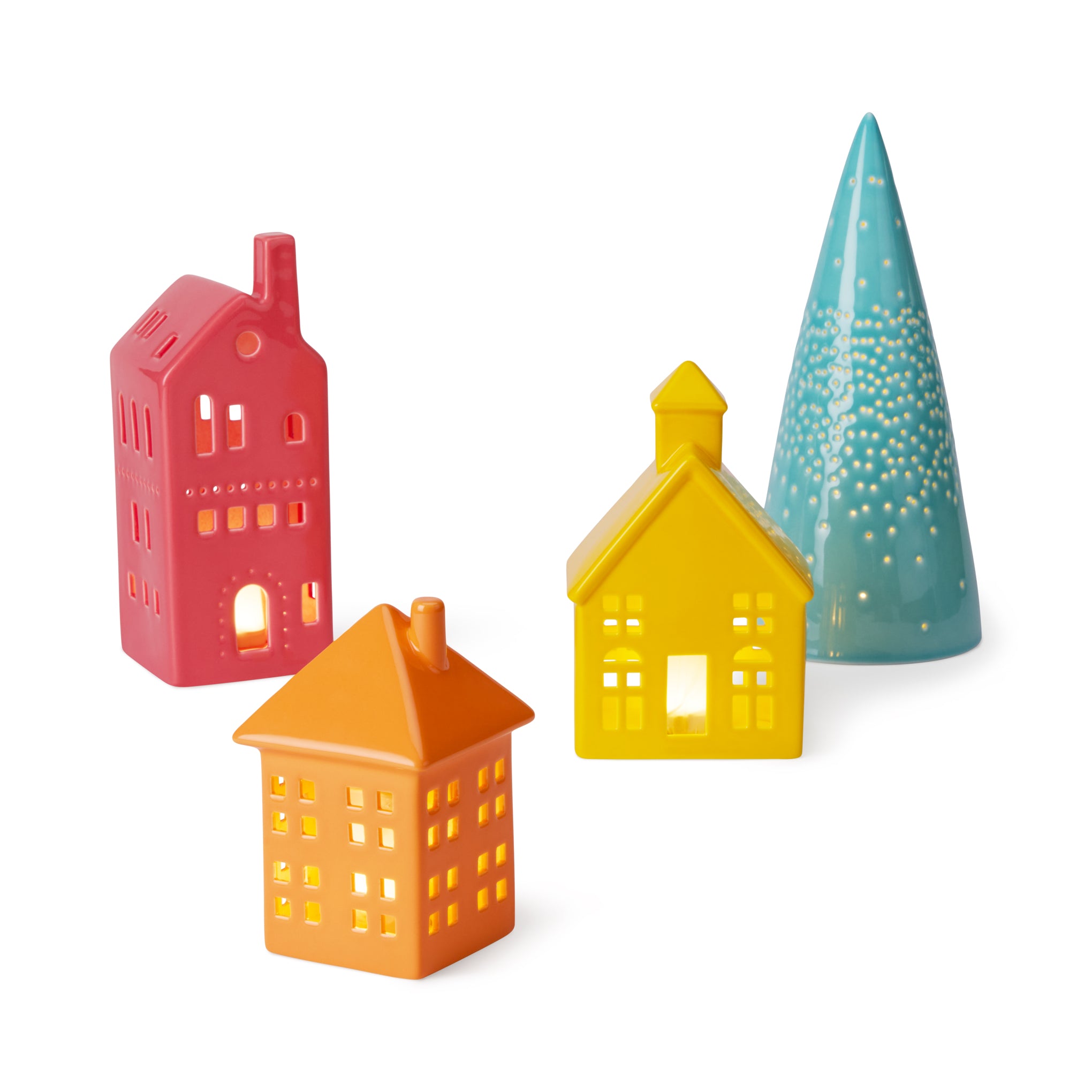 LED Lighted Colorful Ceramic Modern Village - Set of 4