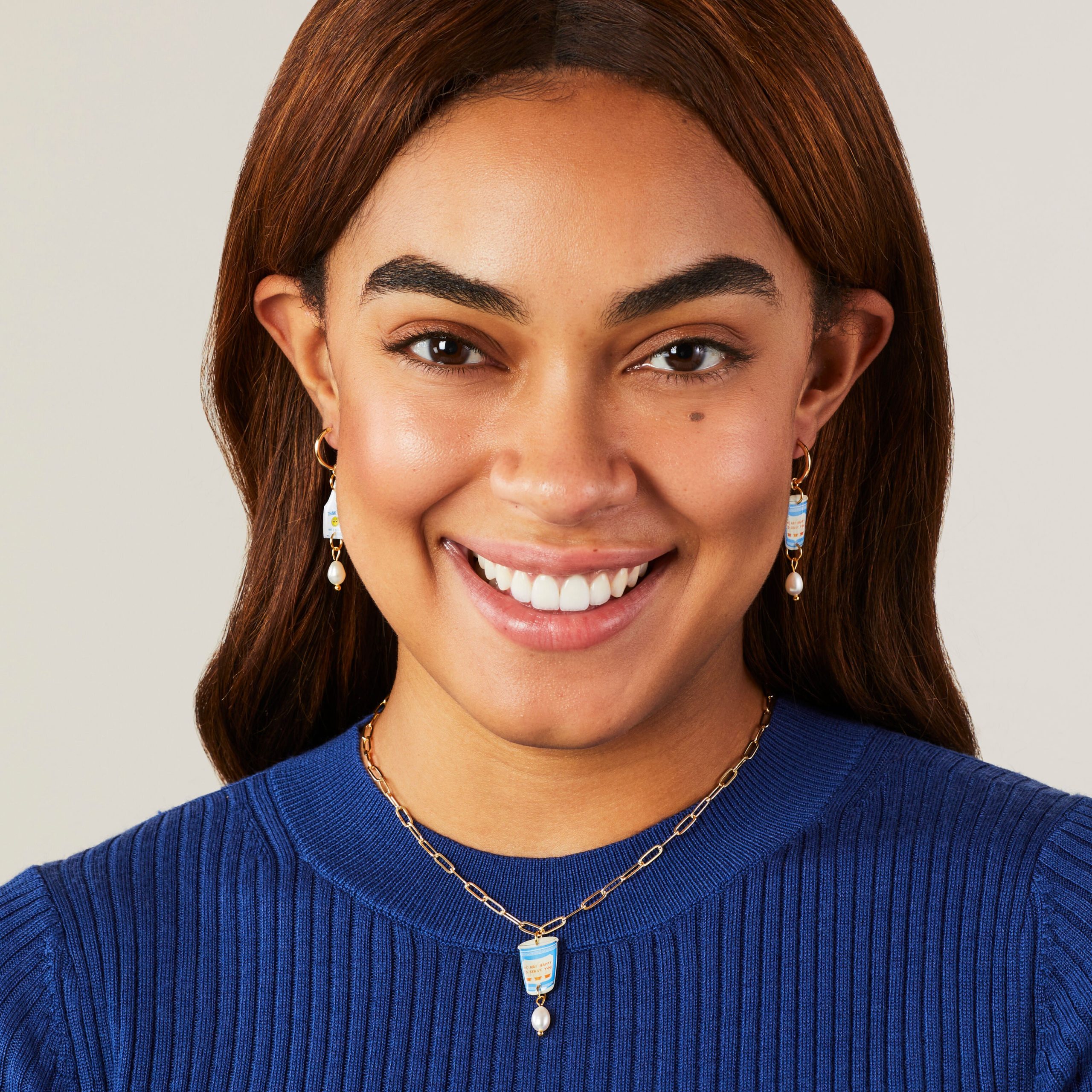 Haricot Vert Small Hoop Earrings with NYC Icon Charms - Bag/ Coffee Cup - Image 2