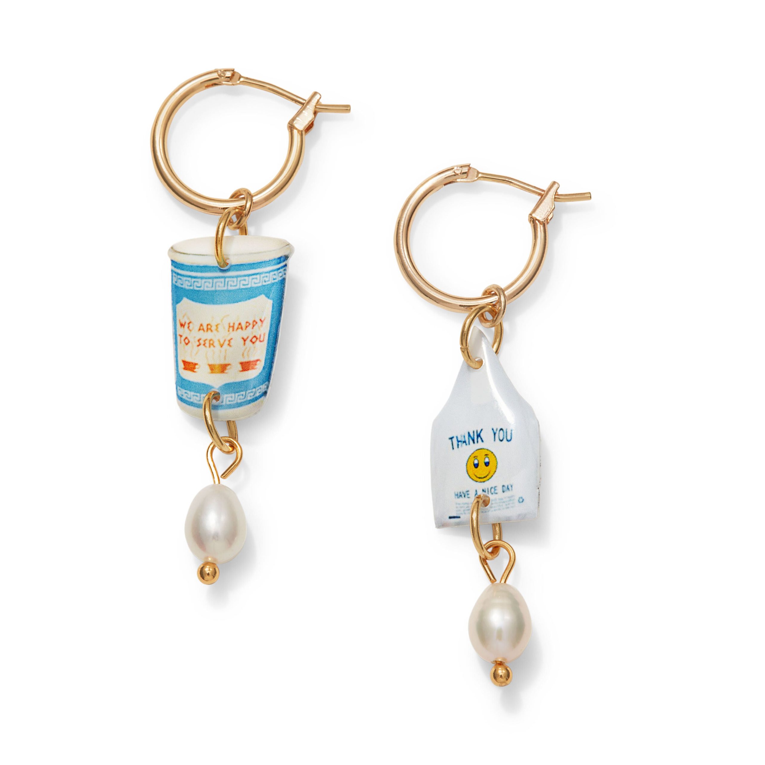 Haricot Vert Small Hoop Earrings with NYC Icon Charms - Bag/ Coffee Cup