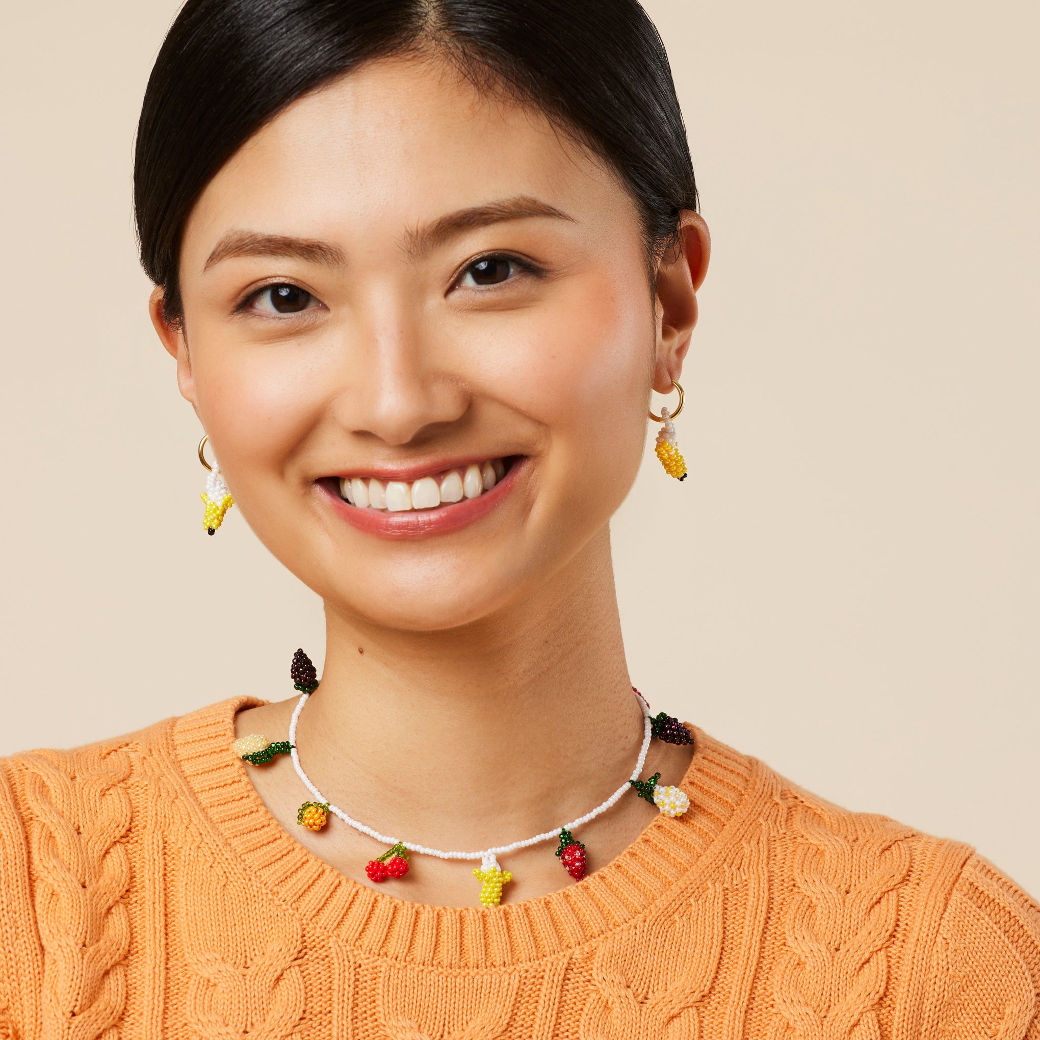 Beaded Mini Fruit Hoop Earrings - Gold Banana - Image 2