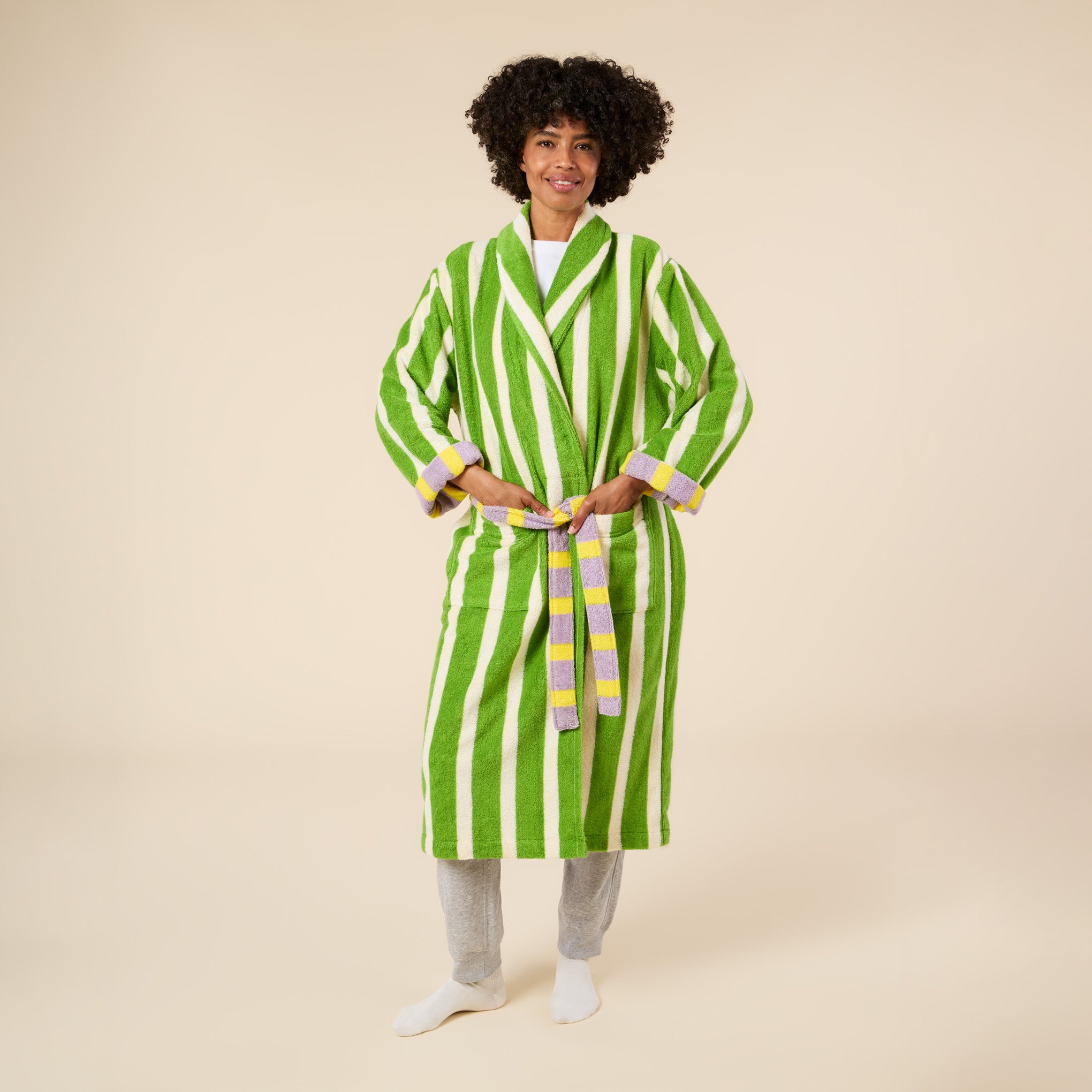Dusen Dusen Striped Bathrobe - Green/ Lavender - Image 2