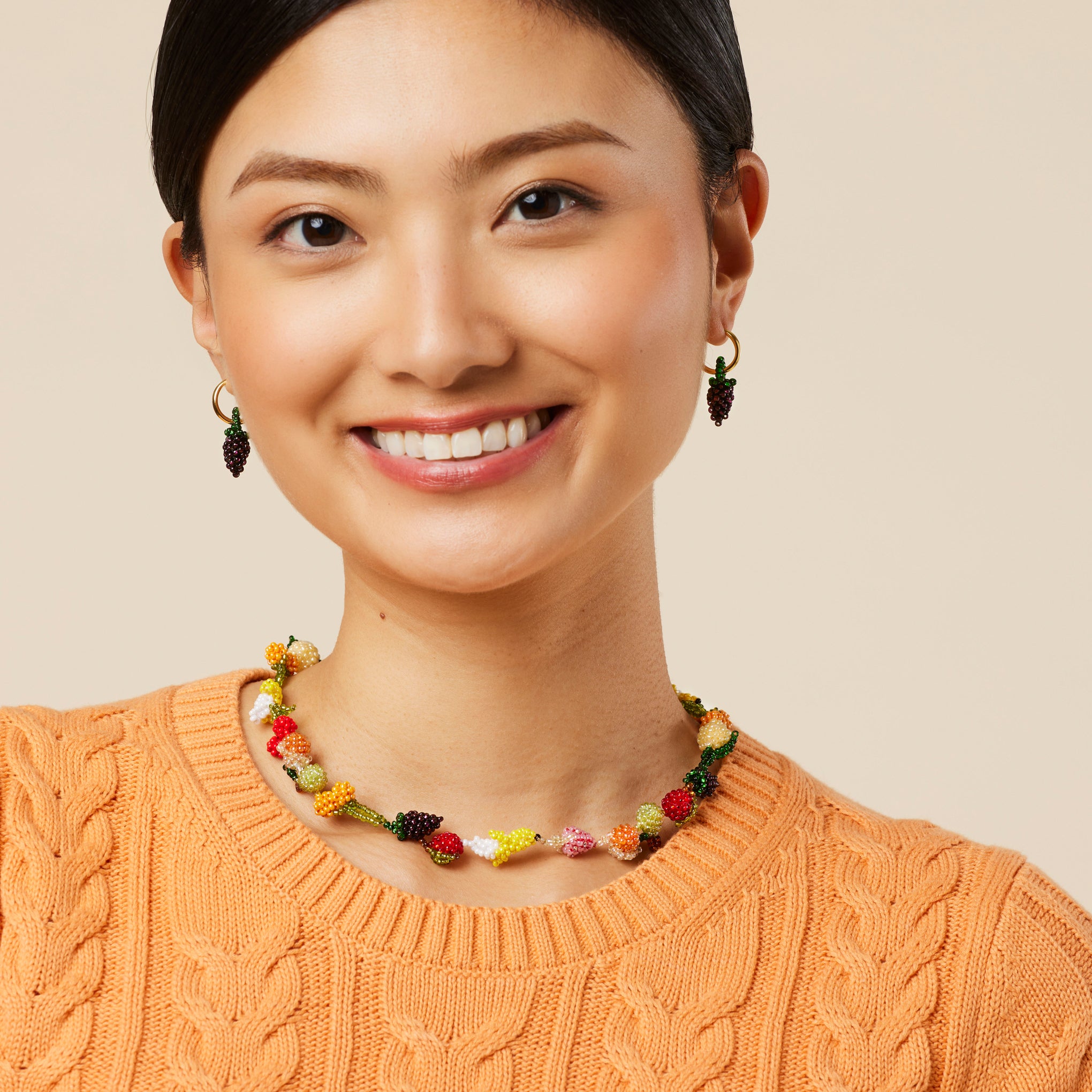 Beaded Mini Fruit Hoop Earrings - Gold Grape - Image 2