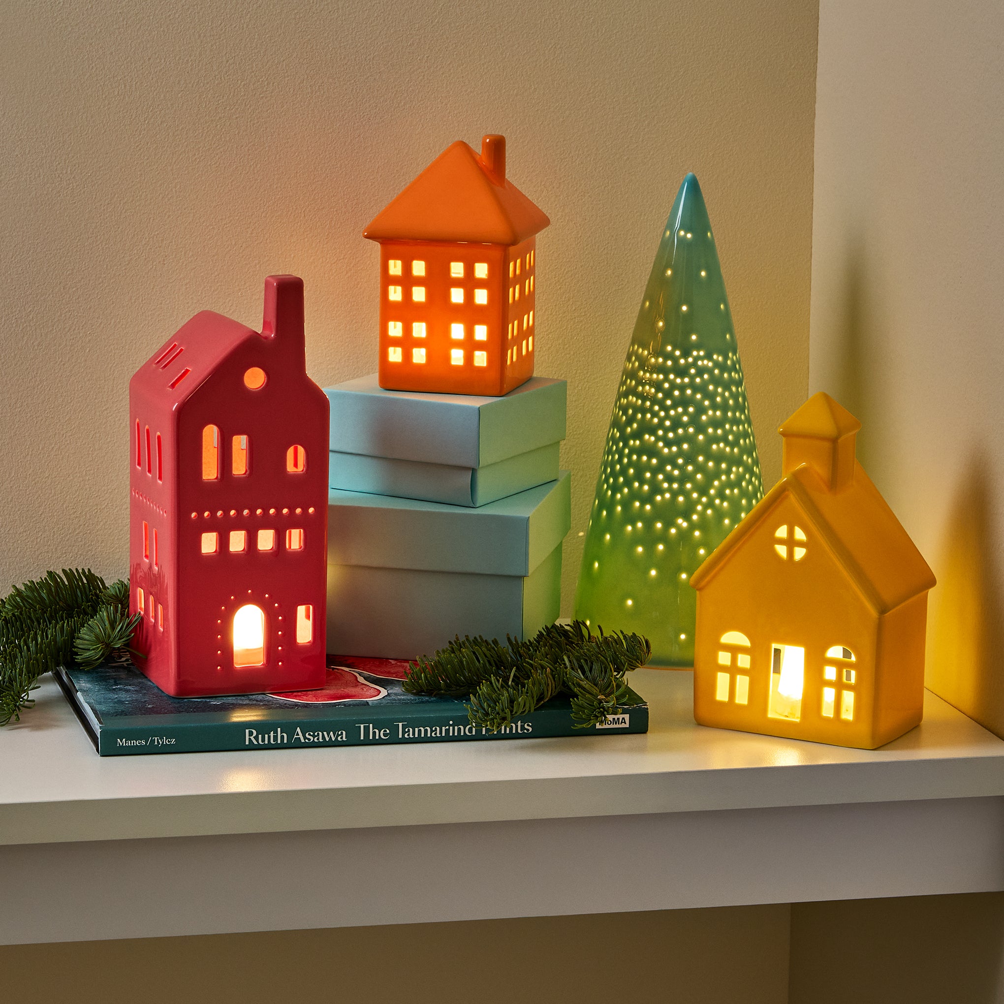 LED Lighted Colorful Ceramic Modern Village - Set of 4 - Image 2