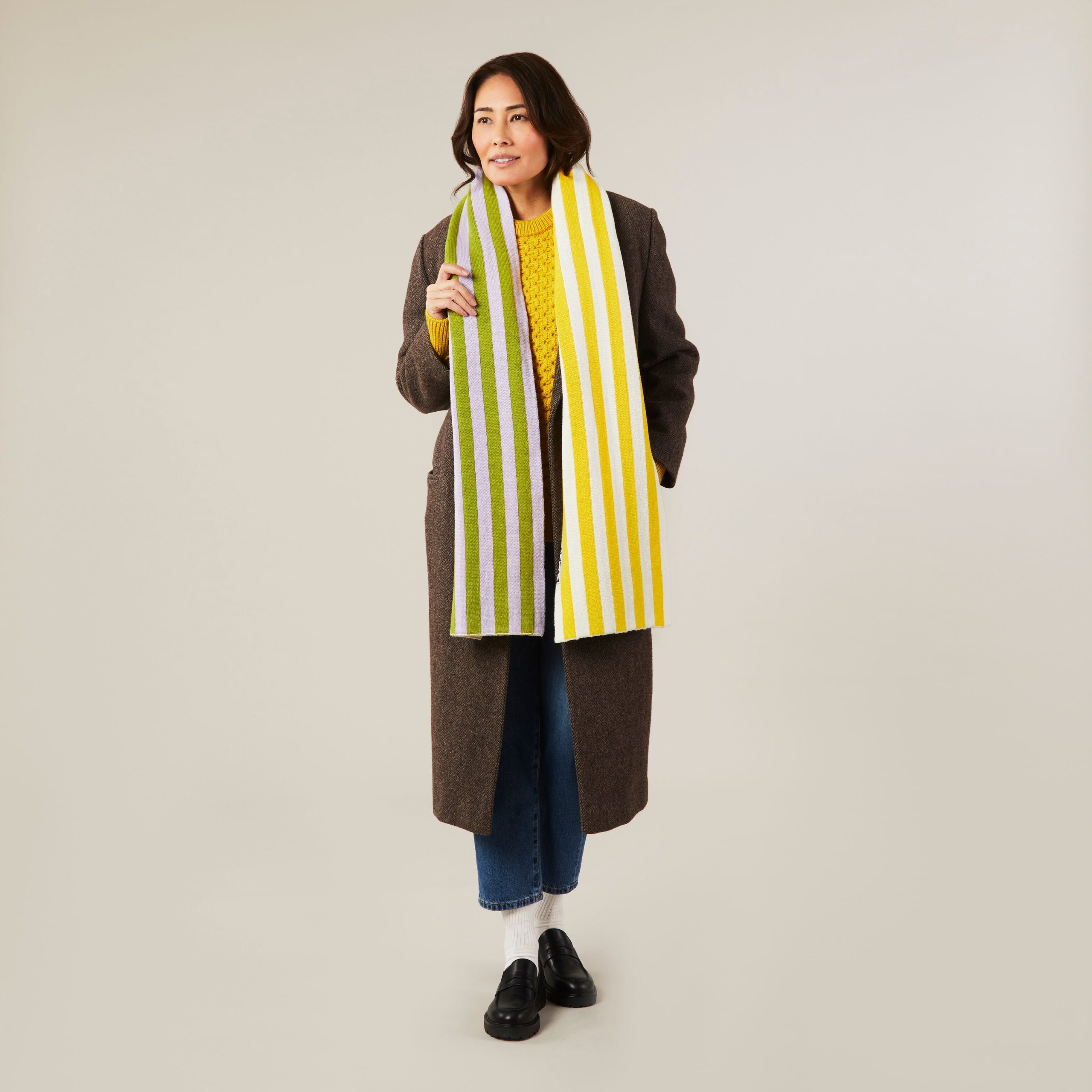 Dusen Dusen Reversible Striped Cotton Scarf - Purple/ Yellow - Image 6