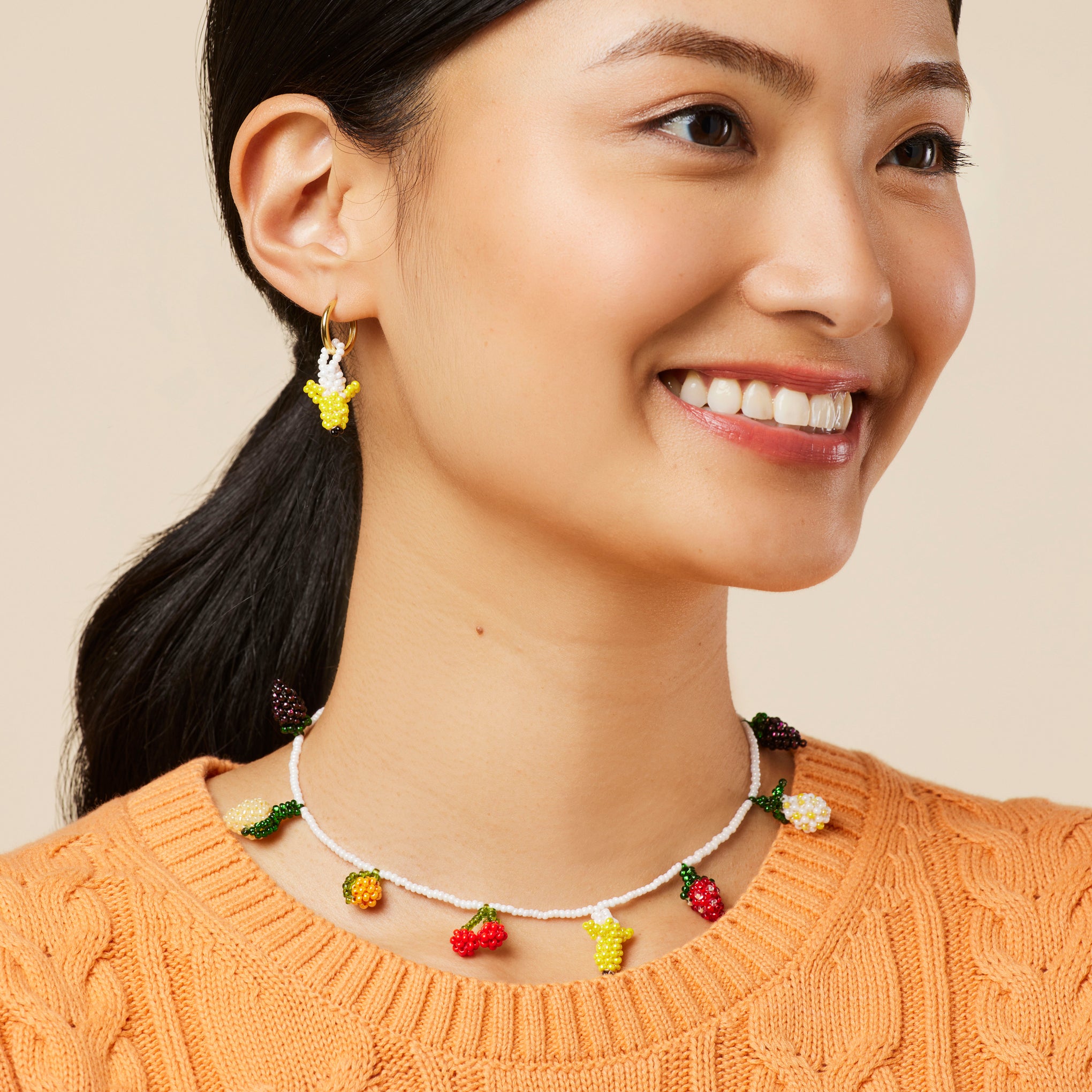 Beaded Mini Fruit Hoop Earrings - Gold Banana - Image 3