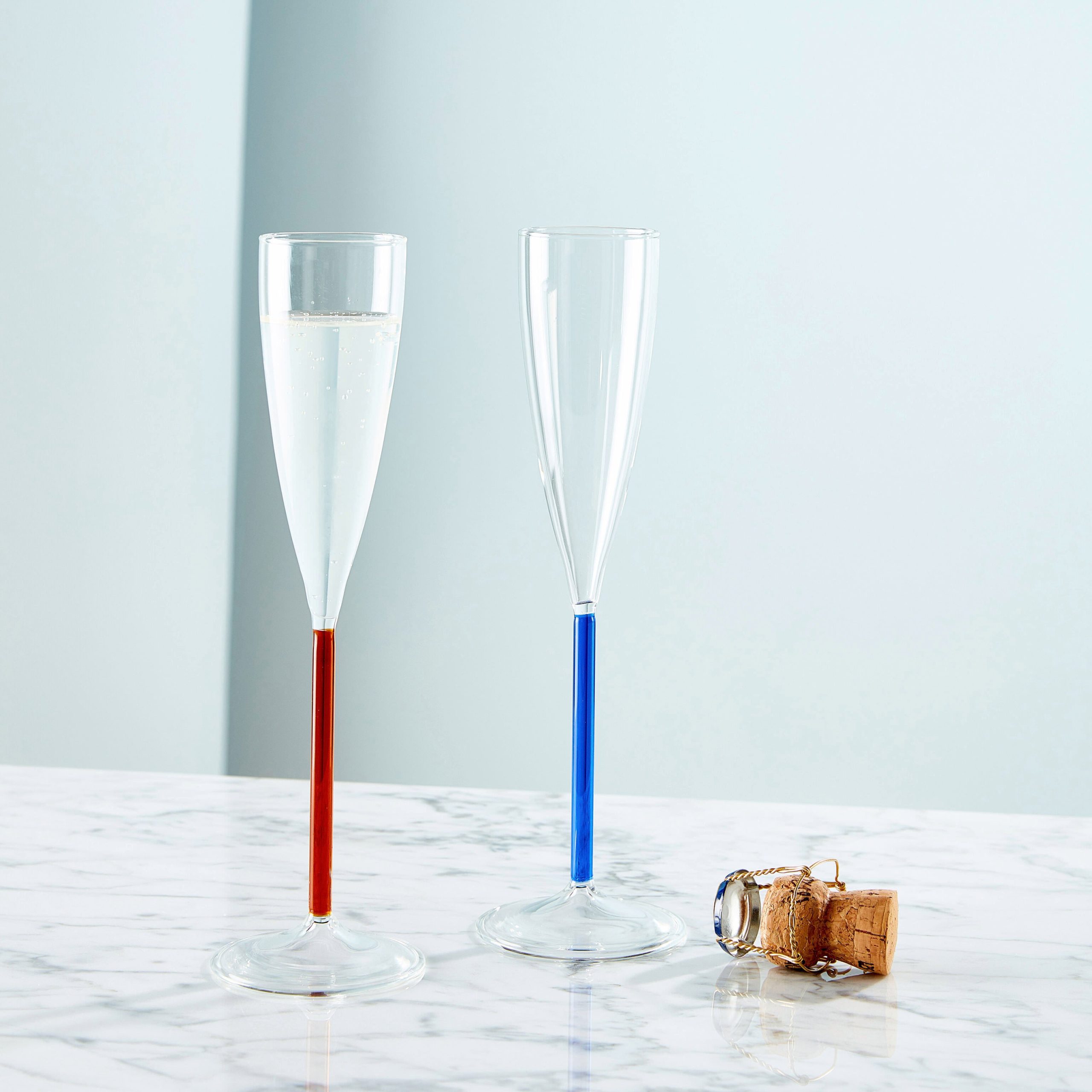 Color Accent Champagne Glasses Set - Blue/ Red Orange - Image 2