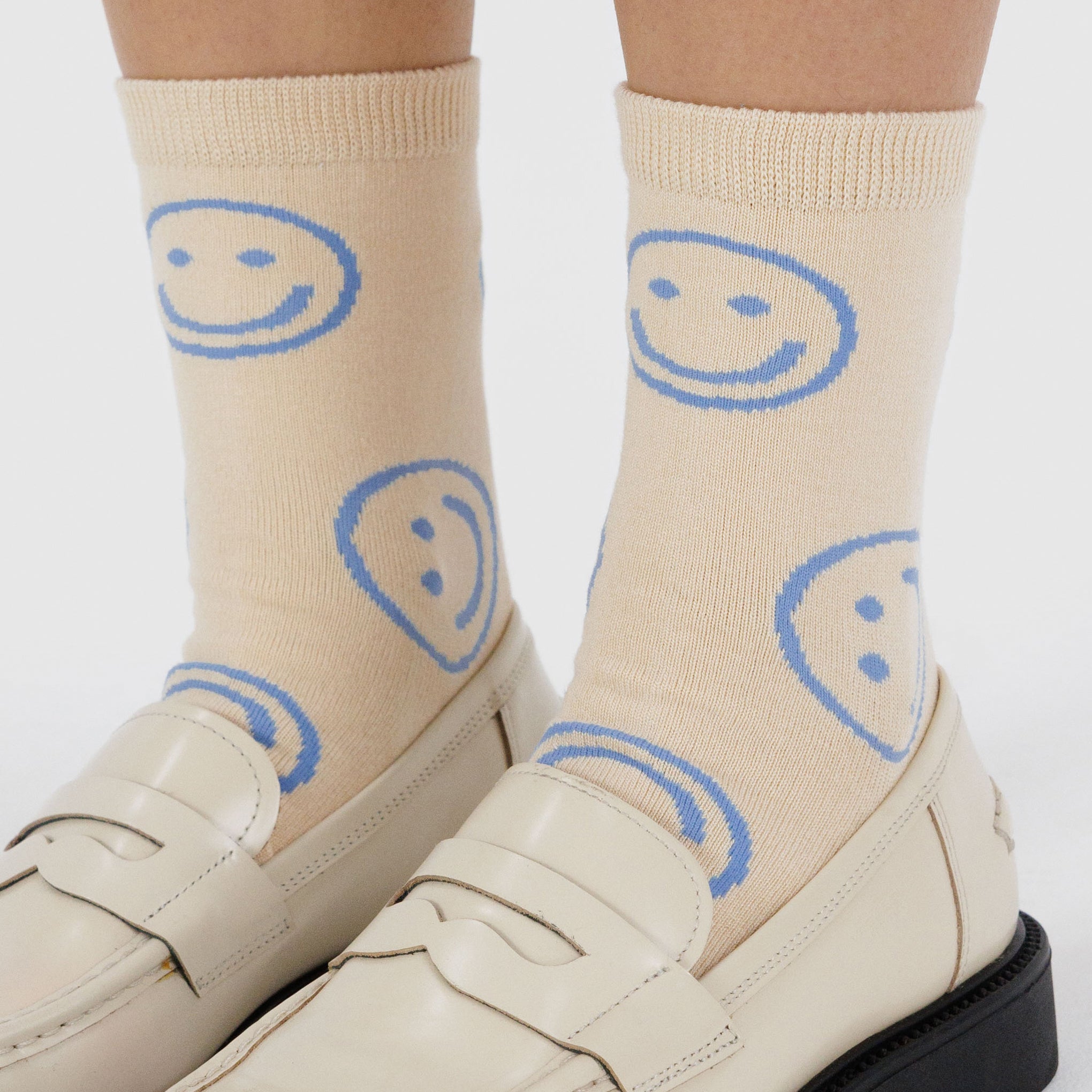 Baggu Crew Socks - Ecru Periwinkle Happy - Image 2