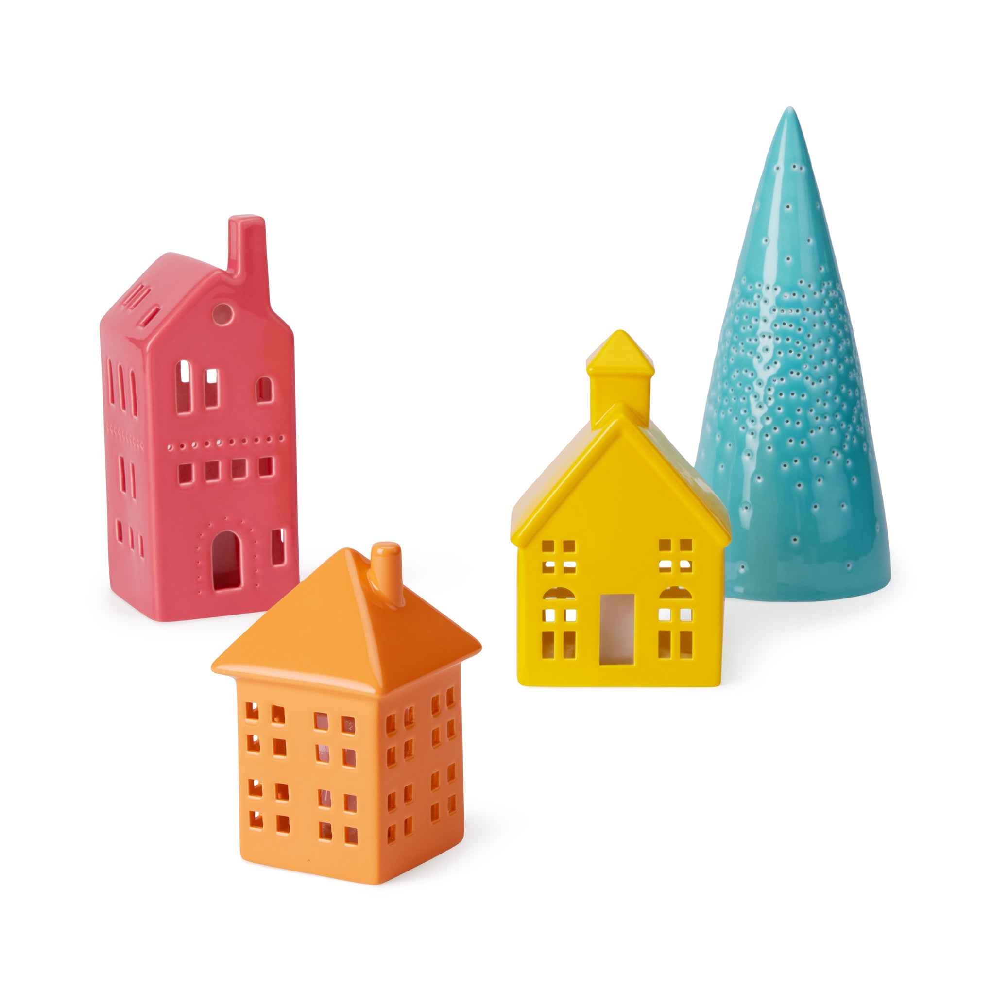 LED Lighted Colorful Ceramic Modern Village - Set of 4 - Image 3