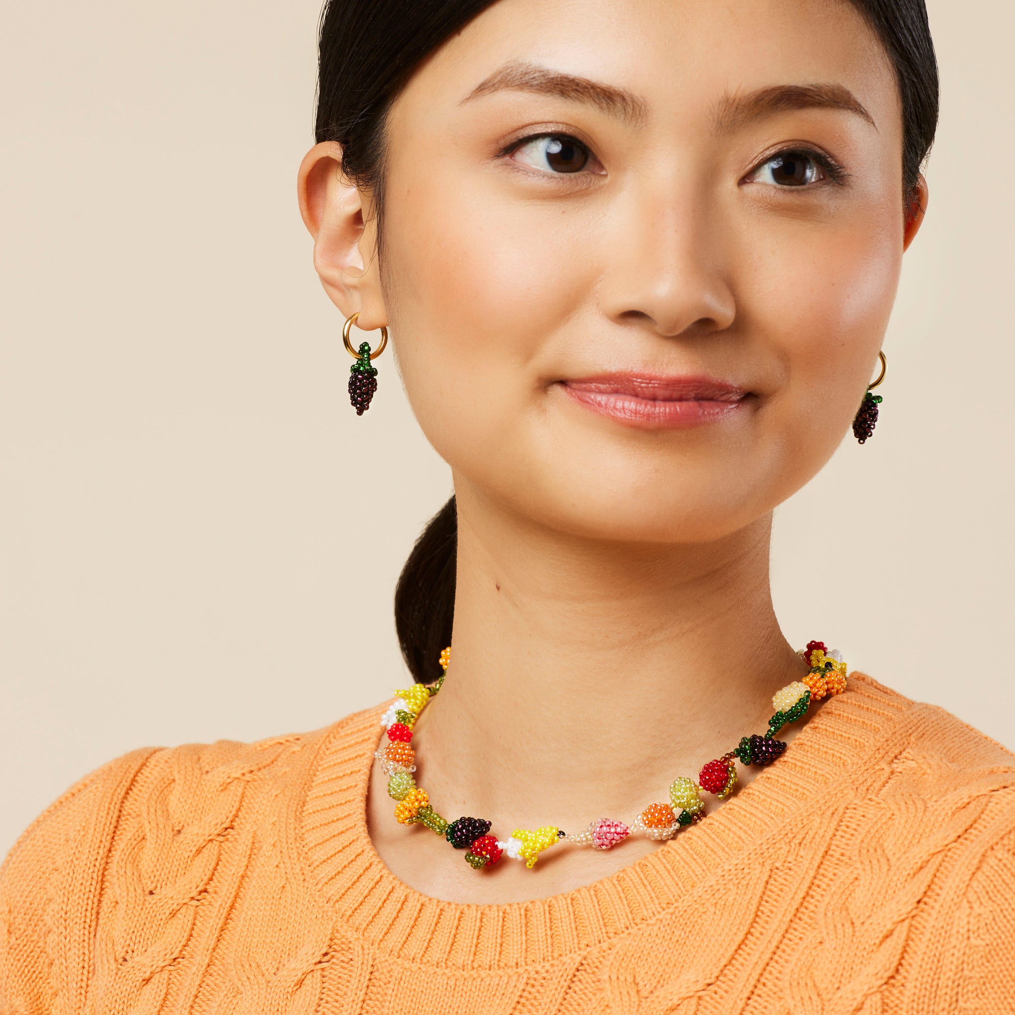 Beaded Mini Fruit Hoop Earrings - Gold Grape - Image 3